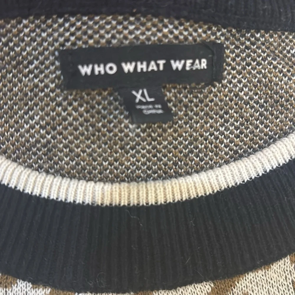 WHO WHAT WEAR Houndstooth Sweater Black Ochre Brown Modern Retro Crewneck XL - Picture 3 of 5